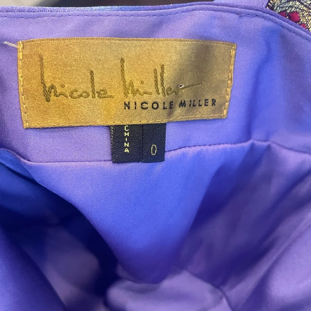 Nicole Miller Metallic Silk Chiffon Maxi Dress Purple Gold Gala Formal 0